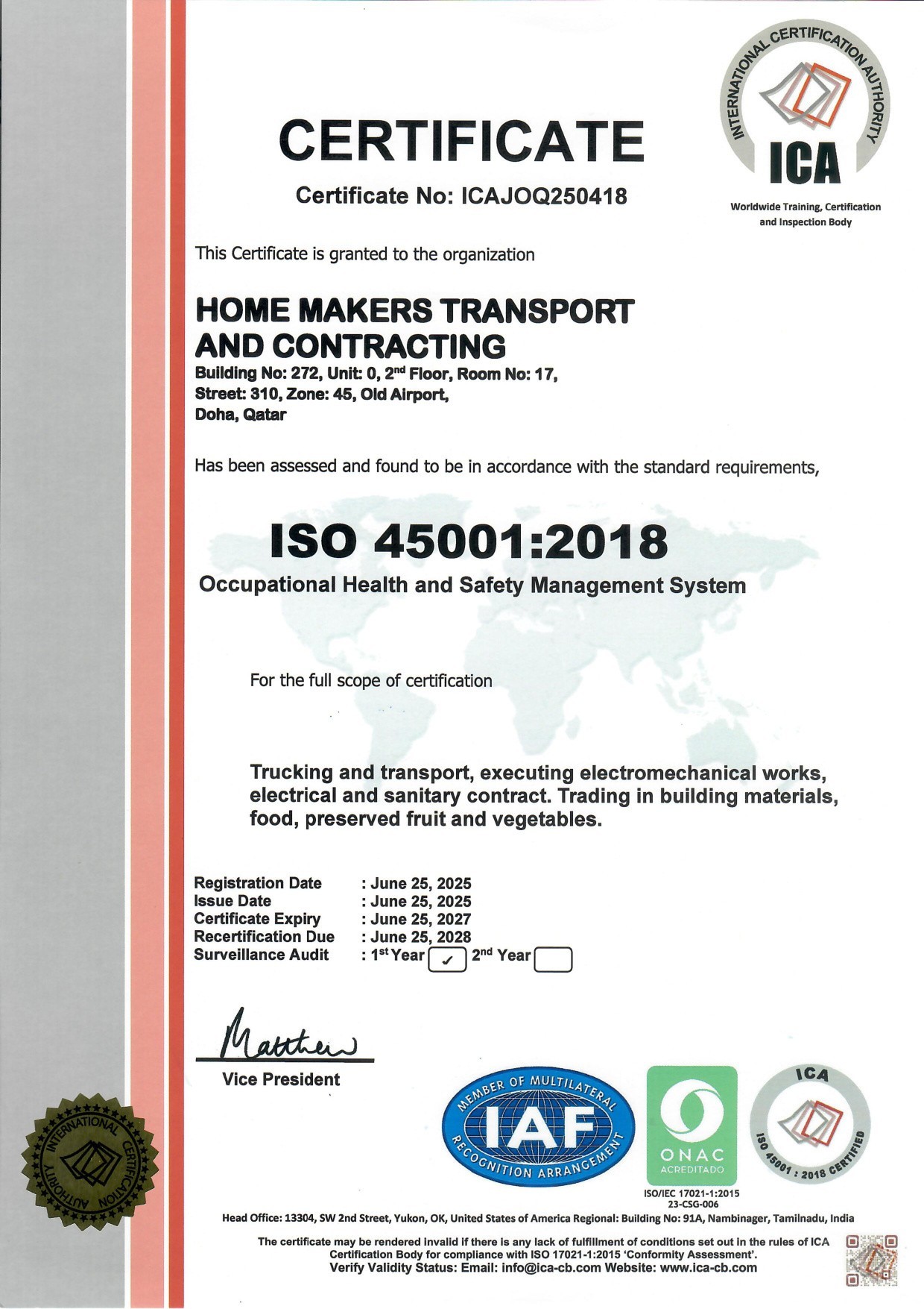 ISO 45001 Health Safety Certified